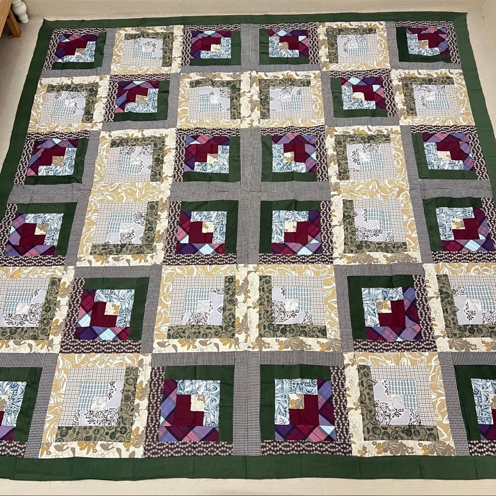 Patchwork Quilt Top Handmade with Green and Purple Accents NEW